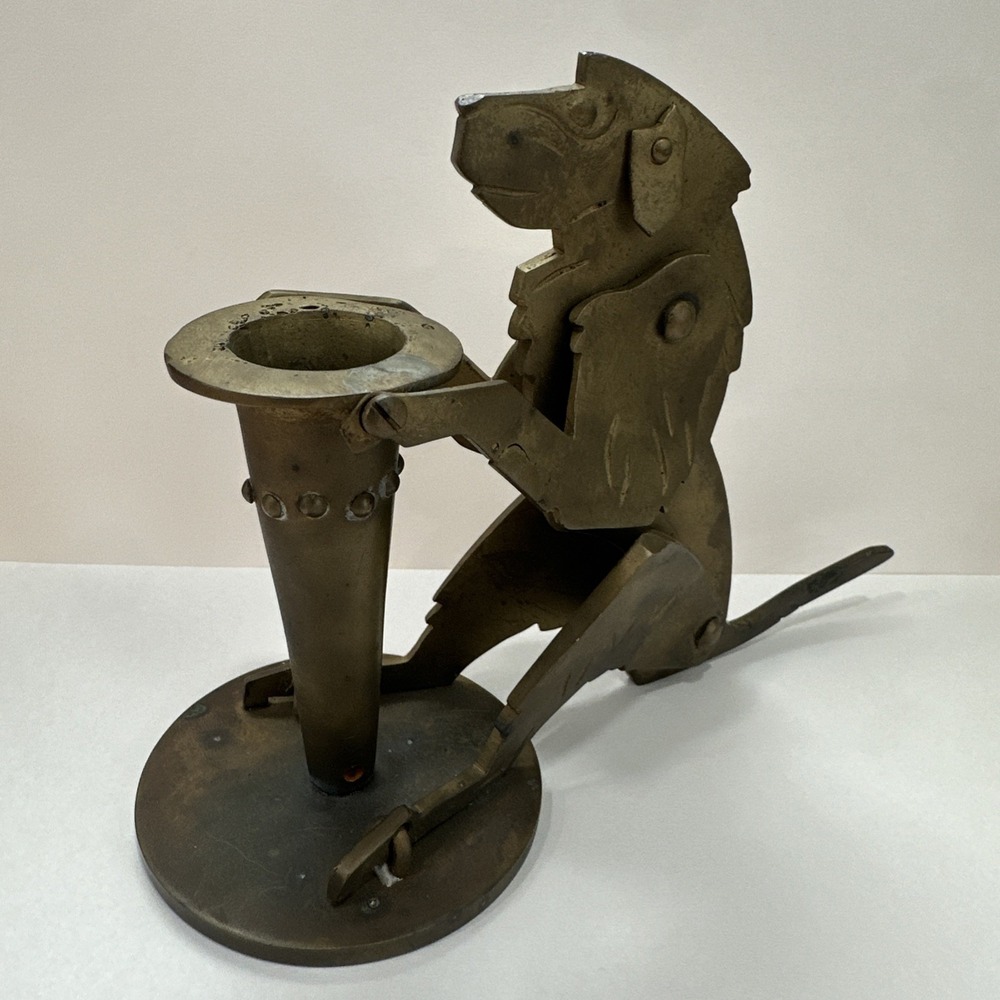 Antique Jugendstil Brass Lion Dog Candle Match Holder Taschner Era Style 1900s